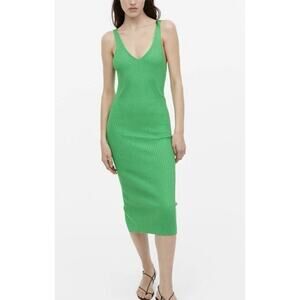 H&M Green Ribbed-Knit Midi Dress Size S